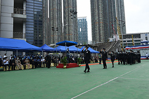 New recruits marching pass the reviewing stand during the Passing-out Parade